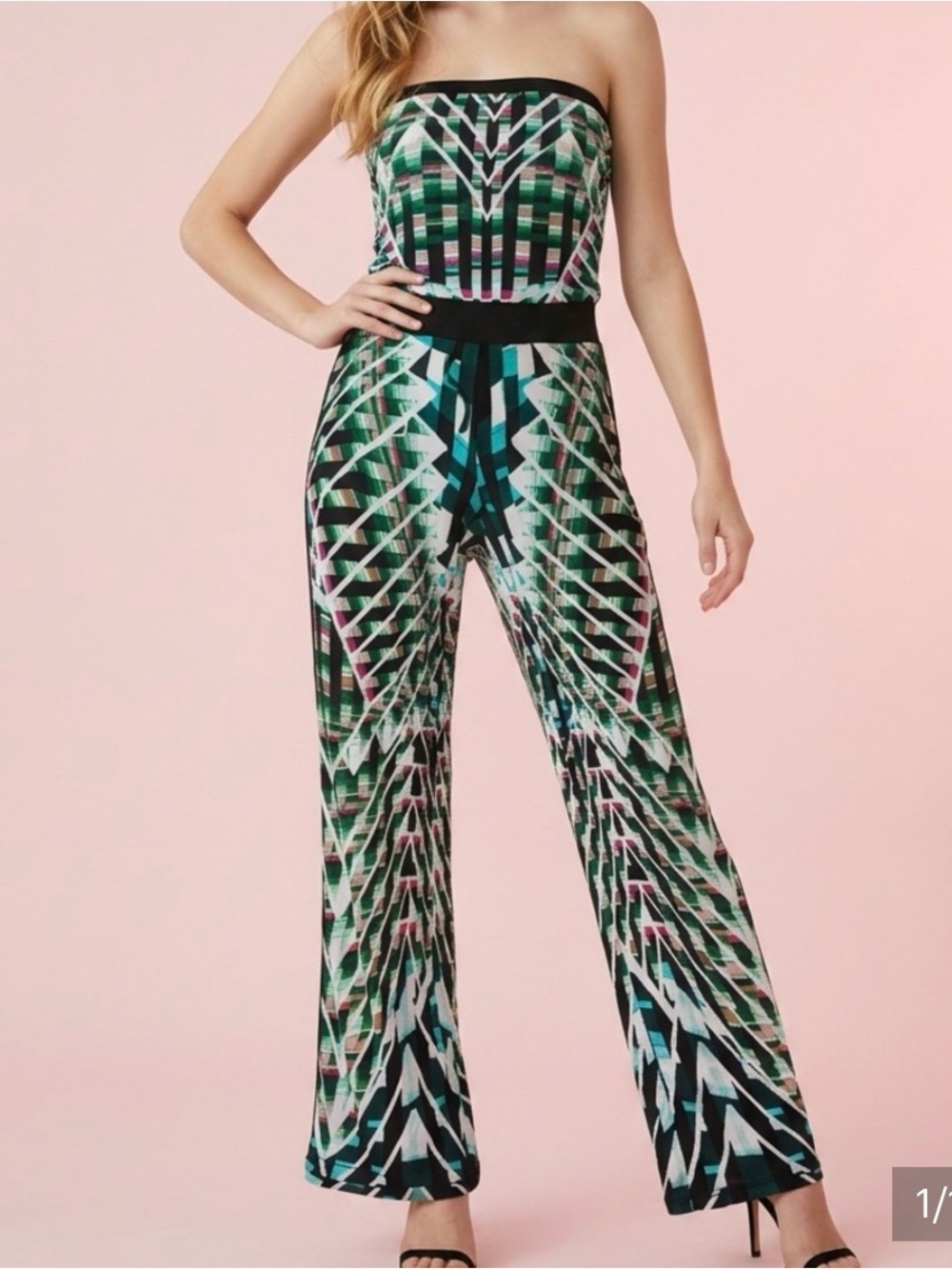 Custo Barcelona BoHo That 70’s Vibe Strapless Geometric Jumpsuit Green Black-M